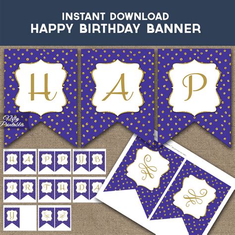 Happy Birthday Banner - Purple Gold Dots - Nifty Printables