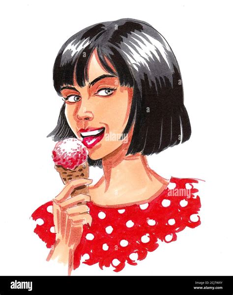 Pretty girl eating ice cream. Ink and watercolor drawing Stock Photo ...