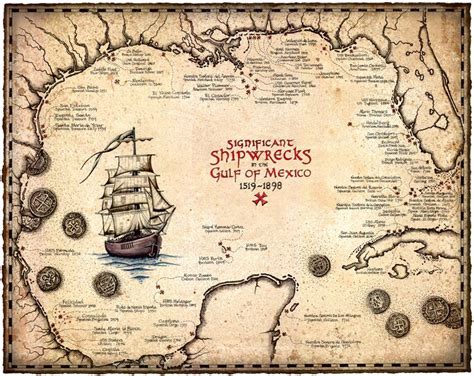 Shipwreck Map Of The Gulf Of Mexico Artwork 15 x 19, Shipwrecks ...