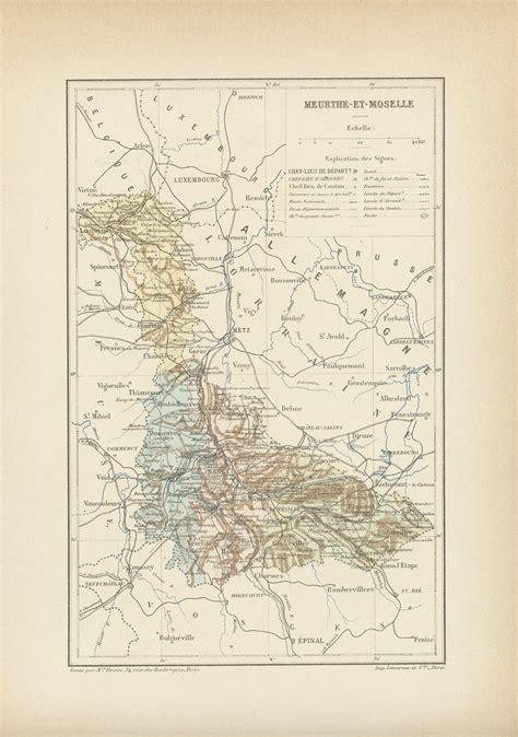 1892 Map of Meurthe et Moselle département - France