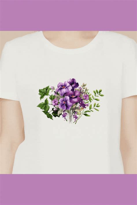 a woman wearing a white t - shirt with purple flowers on the front and green leaves on the back