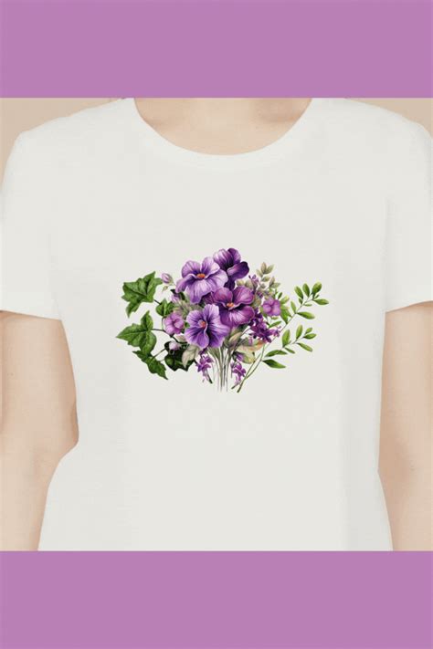 a woman wearing a white t - shirt with purple flowers on the front and ...