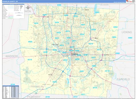 Franklin County, OH Zip Code Wall Map Basic Style by MarketMAPS - MapSales