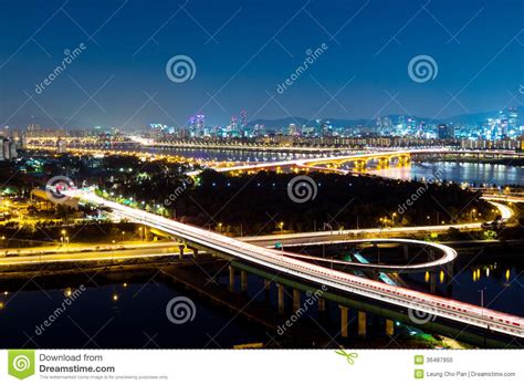 Seoul skyline at night stock photo. Image of bridge, residential - 36487950