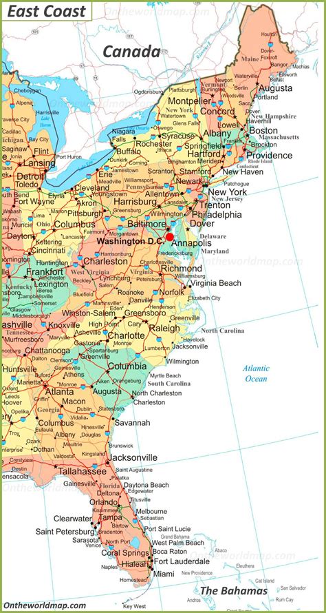 Map of East Coast of the United States - Ontheworldmap.com