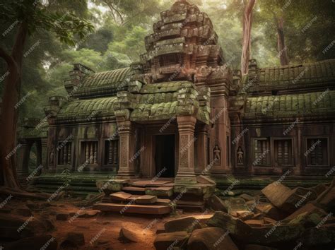 Premium AI Image | A temple in the jungle with a green roof and a stone wall.