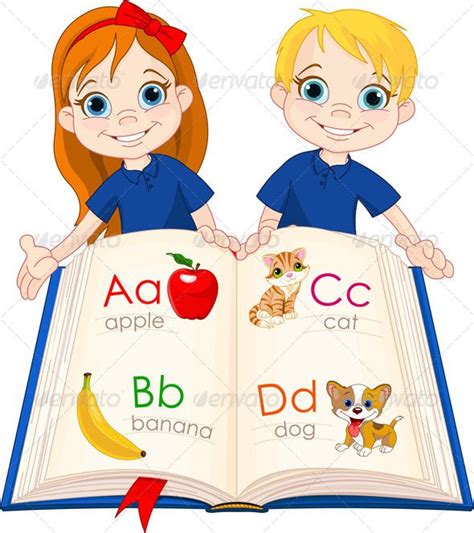 Two Kids and ABC Book | Cartoon kids, Kids school, School clipart