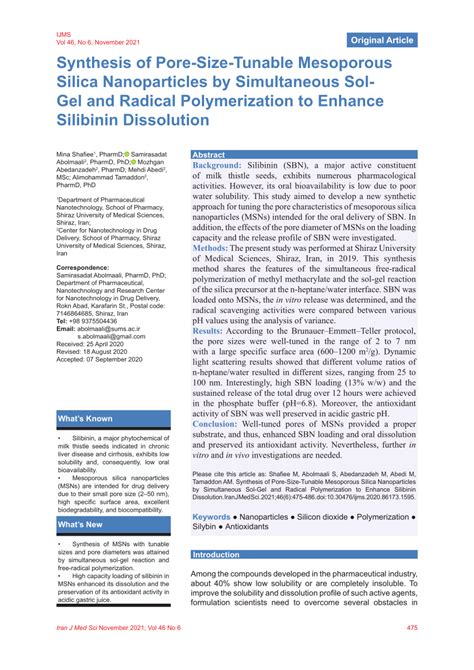 (PDF) Synthesis of Pore-Size-Tunable Mesoporous Silica Nanoparticles by Simultaneous Sol-Gel and ...