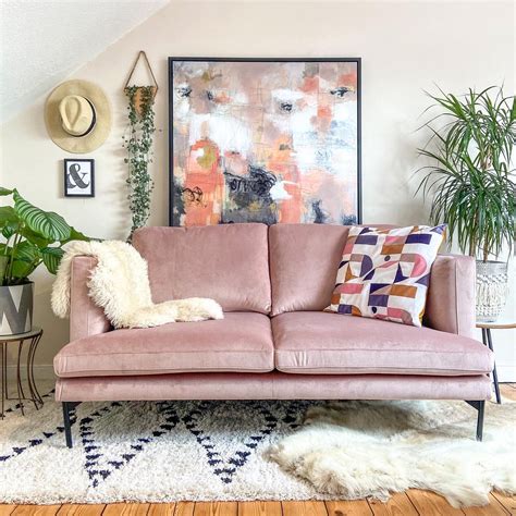 Pink velvet sofa, Scandi boho decor, | Pink sofa living room, Pink ...