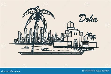 Doha Skyline,hand-drawn Sketch Vector Illustration.Museum of Islamic Art. Stock Illustration ...