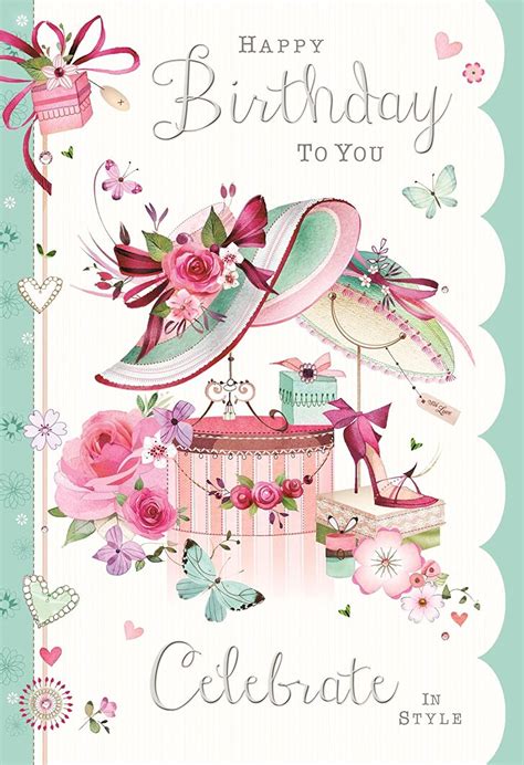 Greeting Card (JJ3460) Female Birthday - Elegant Hats and Flowers - Foil and Flittered Finish ...