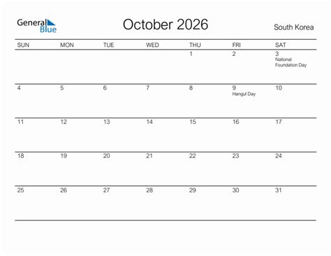 Printable October 2026 Monthly Calendar with Holidays for South Korea