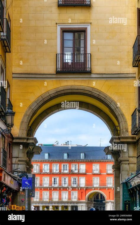 Arch in Plaza Mayor. Architecture and architetural features in Madrid, Spain Stock Photo - Alamy