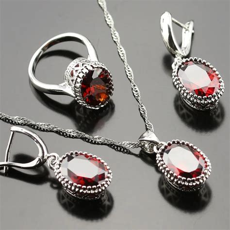 925 Logo Alluring Red Garnet Jewelry Set For Women l Rings/Earrings/Necklace/Pendant -in Bridal ...