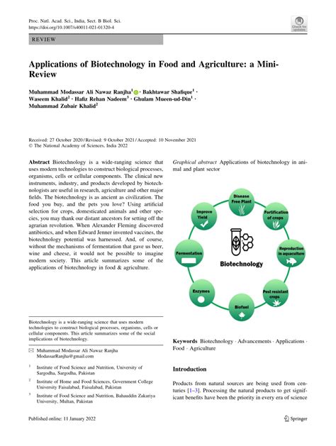 (PDF) Applications of Biotechnology in Food and Agriculture: a Mini-Review