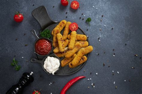 Cooked Mozzarella Cheese Sticks with Tartar and Red Tomato Sauces on a Plate Stock Image - Image ...