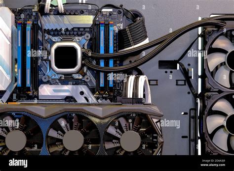 Close-up and inside Desktop PC Gaming and Water Cooling CPU, interior ...