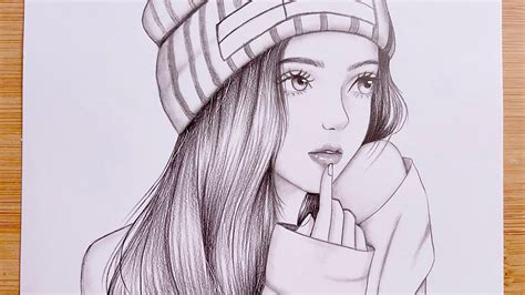 Tutoriel de dessin étape par étape facile || Une fille portant un chapeau d'hiver || Croquis au ...