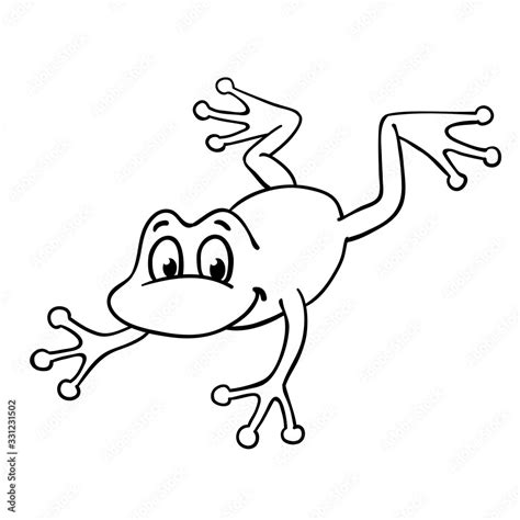 Little jumping frog in cartoon style, drawing in black outline. Isolated on white background ...