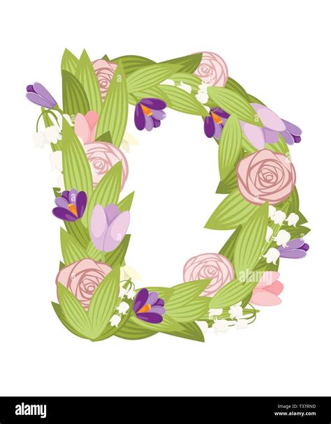 D letter. Cartoon flower font design. Letter with flowers and leaves ...