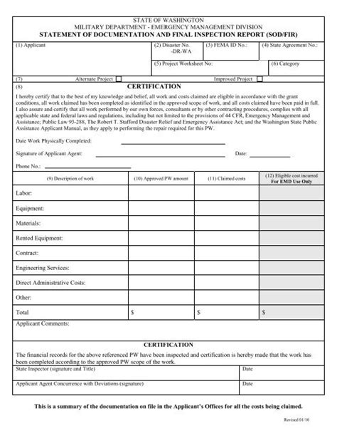 Statement of Documentation and Final Inspection Form