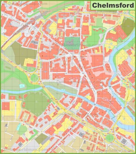 a map of the city of chelmsford, with red and yellow lines on it