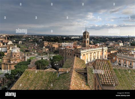 Aerial view of the skyline of Rome, Italy as sunset approaches Stock ...