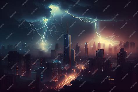 Premium Photo | Lightning strikes the city at nightgenerative ai