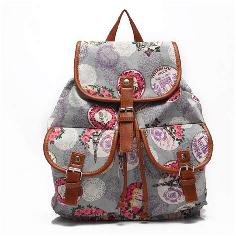 Banabanma Women Backpack Pattern Canvas for Leisure Double Shoulder Backpack Lady Grey Purple ...