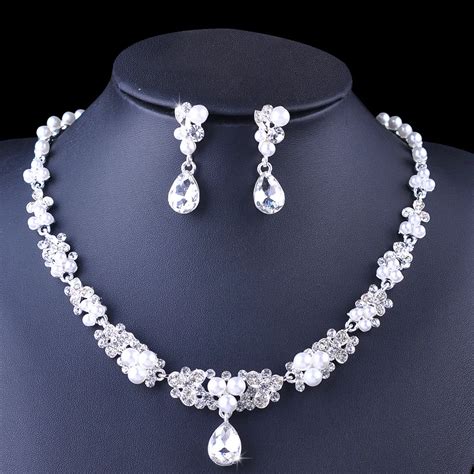 Bride Diaries Elegant Simulated Pearl Bridal Jewelry Sets Silver Color Leaf Crystal Necklaces ...