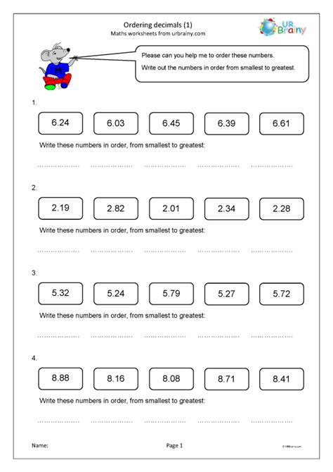 Ordering decimals (1) - Fraction and Decimal Worksheets for Year 4 (age 8-9) by URBrainy.com