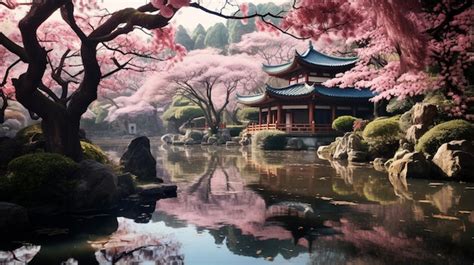 Premium AI Image | japanese garden with cherry blossoms