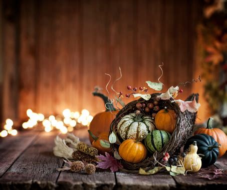 Autumn Thanksgiving Cornucopia On A Rustic Wood Background Stock Photo - Download Image Now - iStock