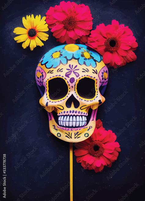 A creepy colourful portrait of a skull with flowers for "dia de los muertos", "Day of the dead ...