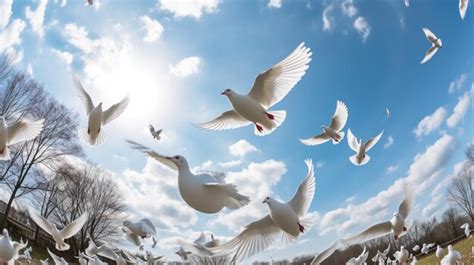 Premium Photo | White pigeons flying in the bright sky set