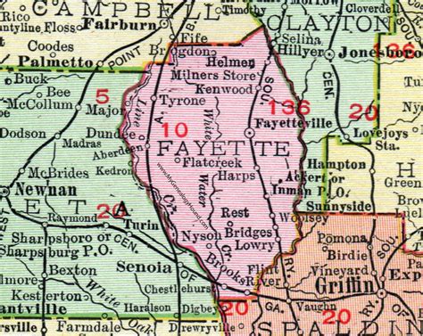 Fayette County, Georgia, 1911, Map, Rand McNally, Fayetteville, Tyrone, Brooks