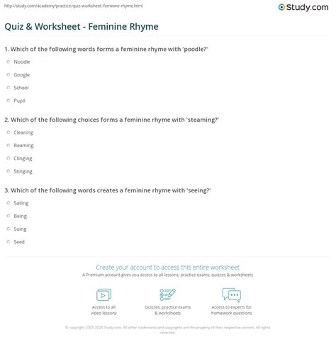 Quiz & Worksheet - Feminine Rhyme | Study.com