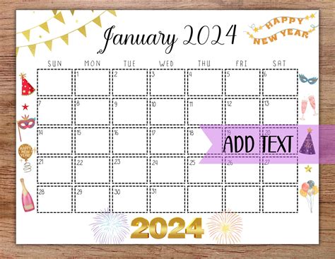 EDITABLE Printable January 2024 Calendar New Year's Day - Etsy