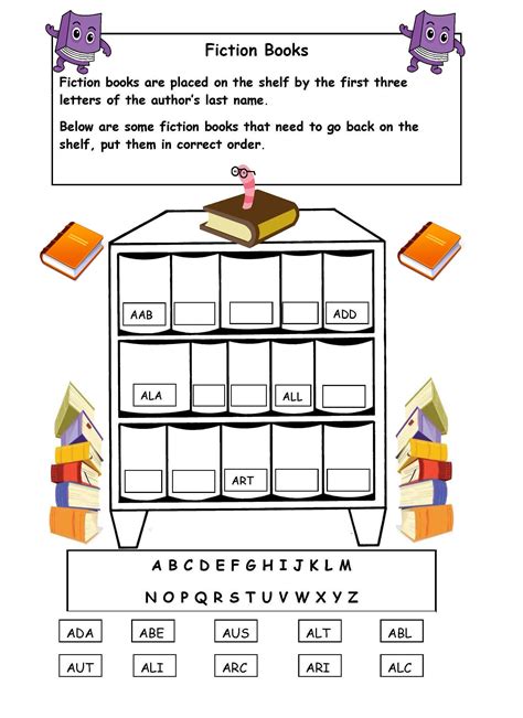 Alphabetical order on the shelf - worksheet. | Library skills, Library lessons, Library activities