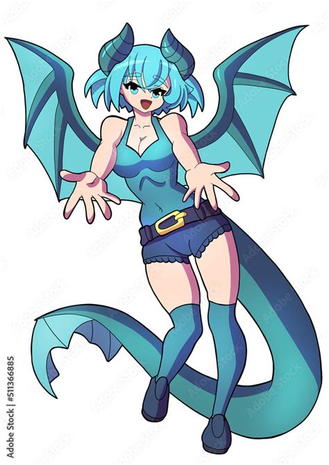 Cute dragon girl drawn in anime style. She has big blue horns, short blue hair, wings behind her ...