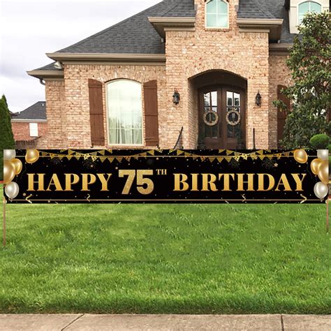 Large Happy 75th Birthday Decoration Banner, Black and Gold Happy 75th Birthday Banner Sign ...