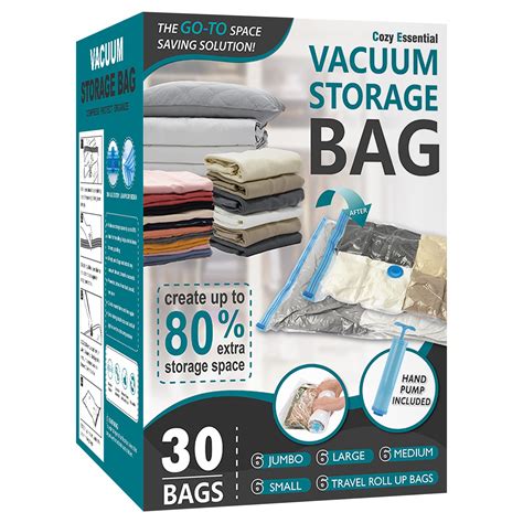 30 Pack Vacuum Storage Bags, Space Saver Bags (6 Jumbo/6 Large/6 Medium/6 Small/6 Roll ...