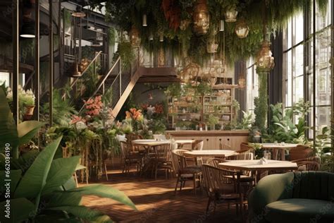 Stunning Empty Plant Café with Tropical Trees and Ferns, Modern ...