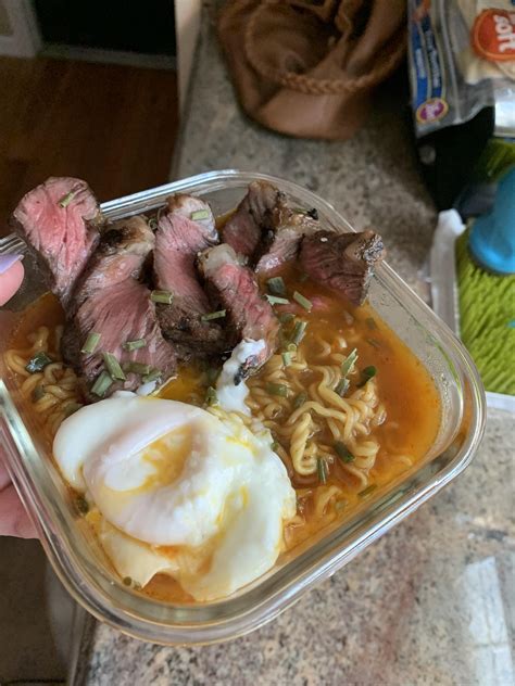 Microwaved ramen, microwave poached egg, leftover beef tips, dried ...