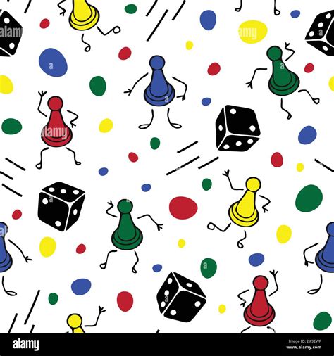 Seamless vector pattern with board game pieces and dice on white background. Fun cartoon game ...