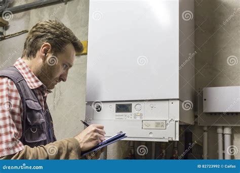 Plumber Who Carries Out the Maintenance of a Condensing Boiler Stock Photo - Image of pipes ...