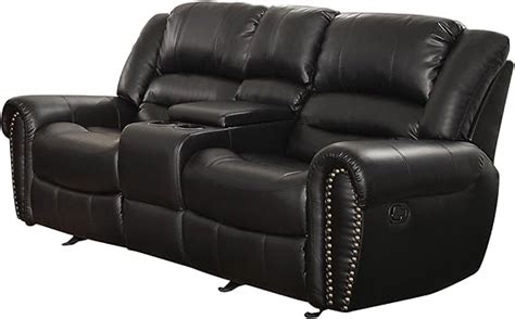 Homelegance 9668BLK-2 Double Glider Reclining Loveseat with Center Console, Black Bonded Leather ...