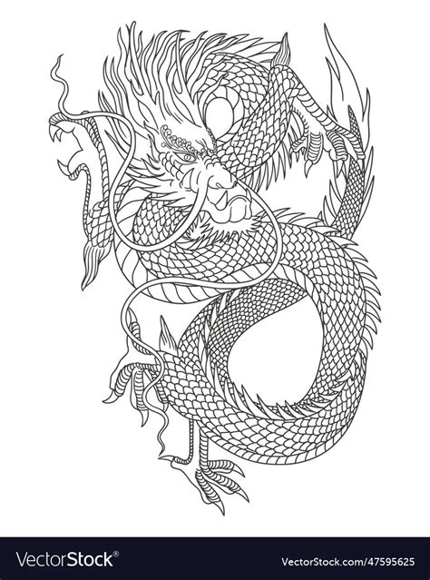 Line art of japanese dragon isolated on white back