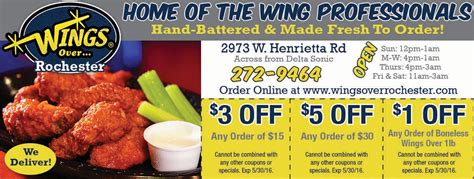 Wings Over Rochester chicken wing flavors. BBQ, Sweeat & Sour and more! Save on your wing order ...