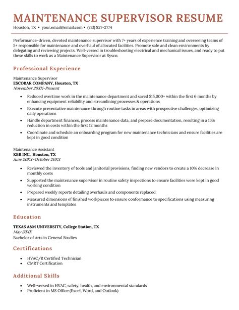 Maintenance Supervisor Resume